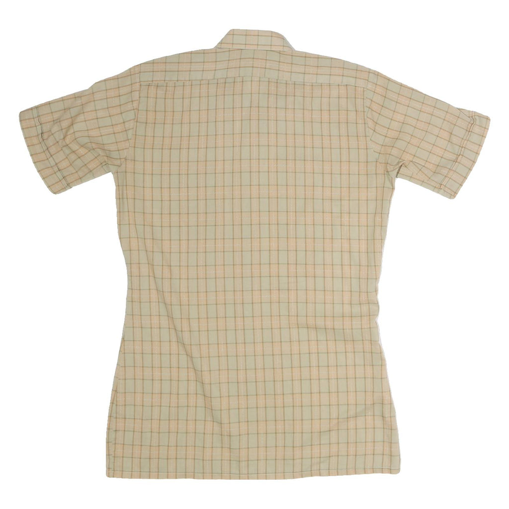 Mens Beige Check Cotton Shirt M Short Sleeve Casual Lightweight Pocket