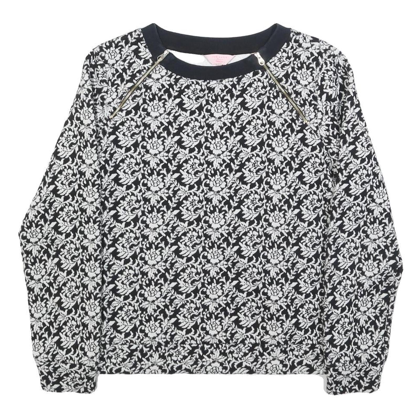 TED BAKER Womens Black & White Floral Print Crew Neck M Cotton Blend Sweatshirt