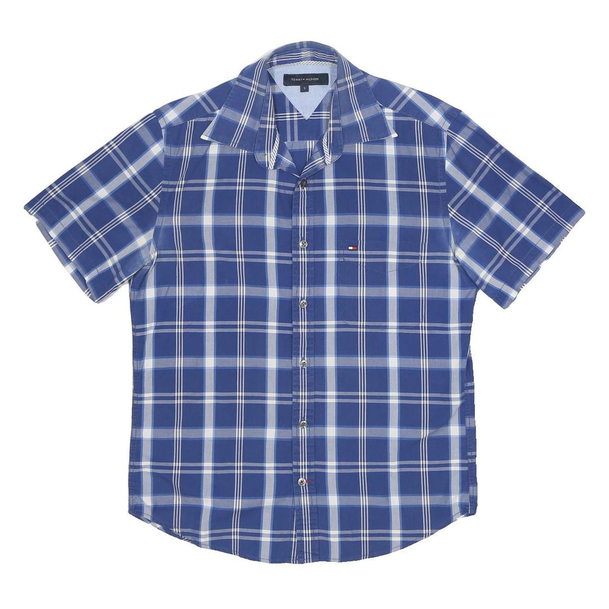 TOMMY HILFIGER Mens Blue & White Checked Shirt S Short Sleeve Cotton Casual