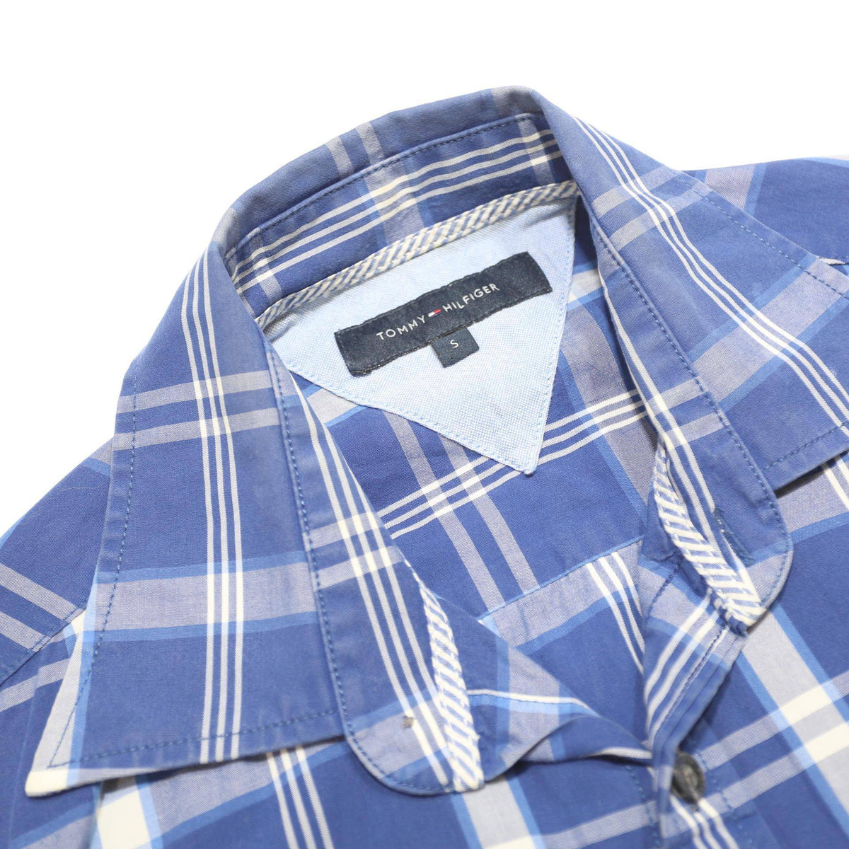 TOMMY HILFIGER Mens Blue & White Checked Shirt S Short Sleeve Cotton Casual
