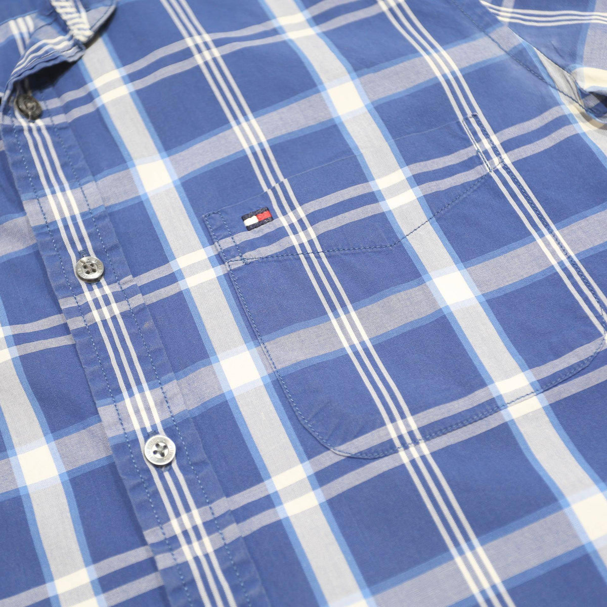 TOMMY HILFIGER Mens Blue & White Checked Shirt S Short Sleeve Cotton Casual