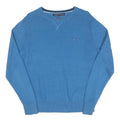 TOMMY HILFIGER Mens Blue Plain Crew Neck Basic Knit Jumper M Cotton Blend Casual