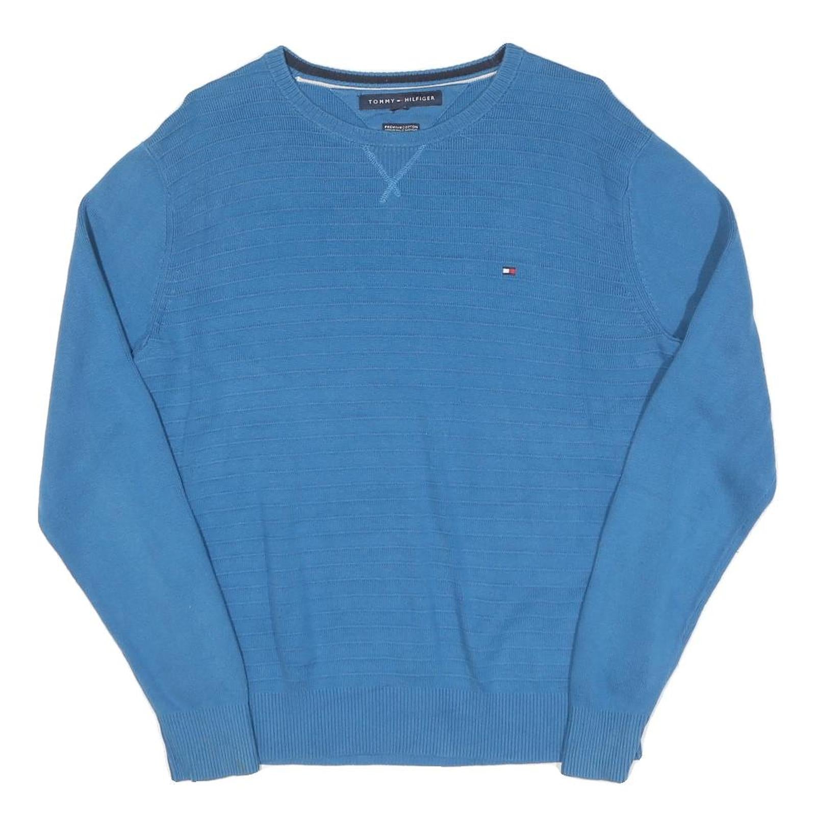 TOMMY HILFIGER Mens Blue Plain Crew Neck Basic Knit Jumper M Cotton Blend Casual