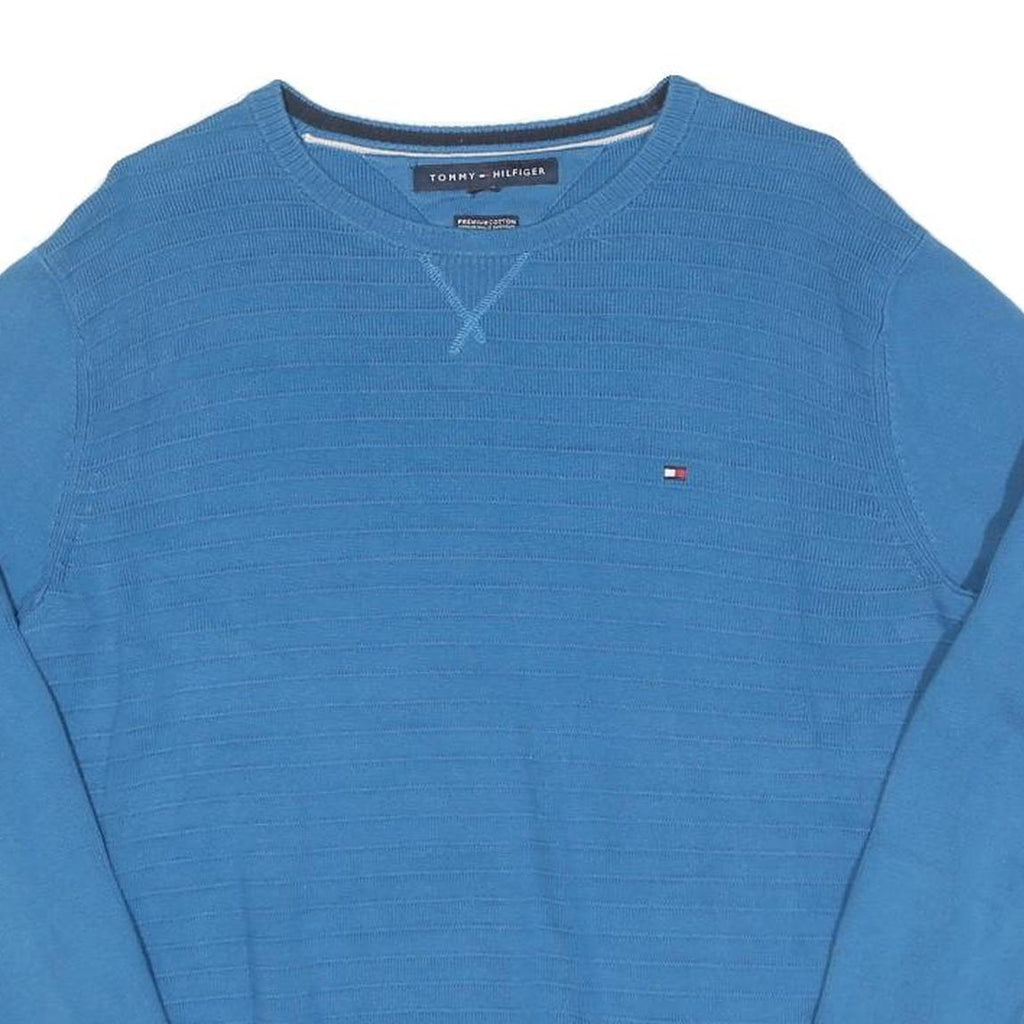 TOMMY HILFIGER Mens Blue Plain Crew Neck Basic Knit Jumper M Cotton Blend Casual
