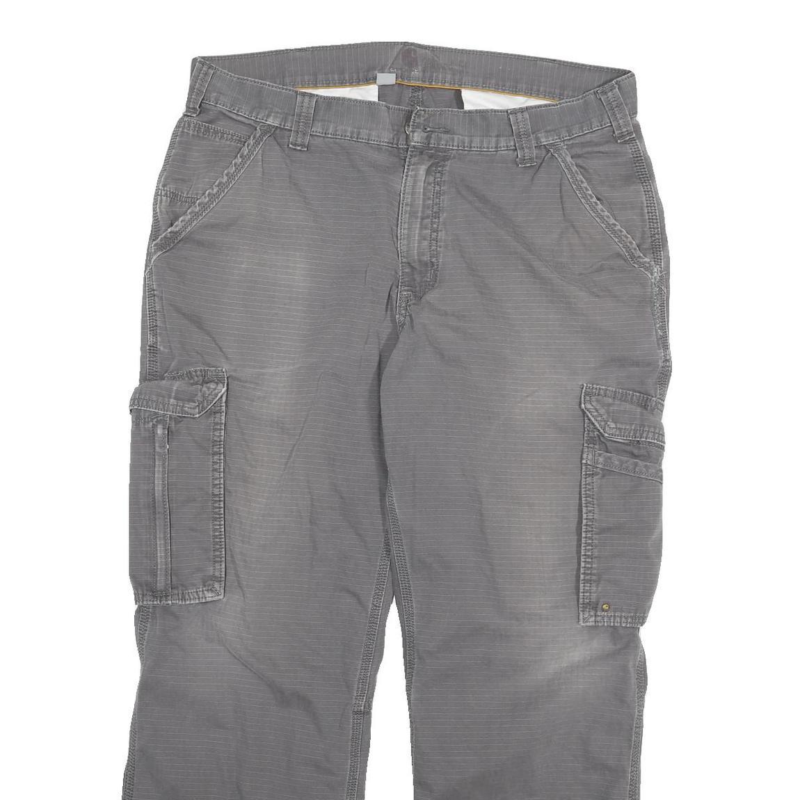 CARHARTT Mens Grey Relaxed Cargo Trousers W36 L30 Cotton Blend Zip Closure
