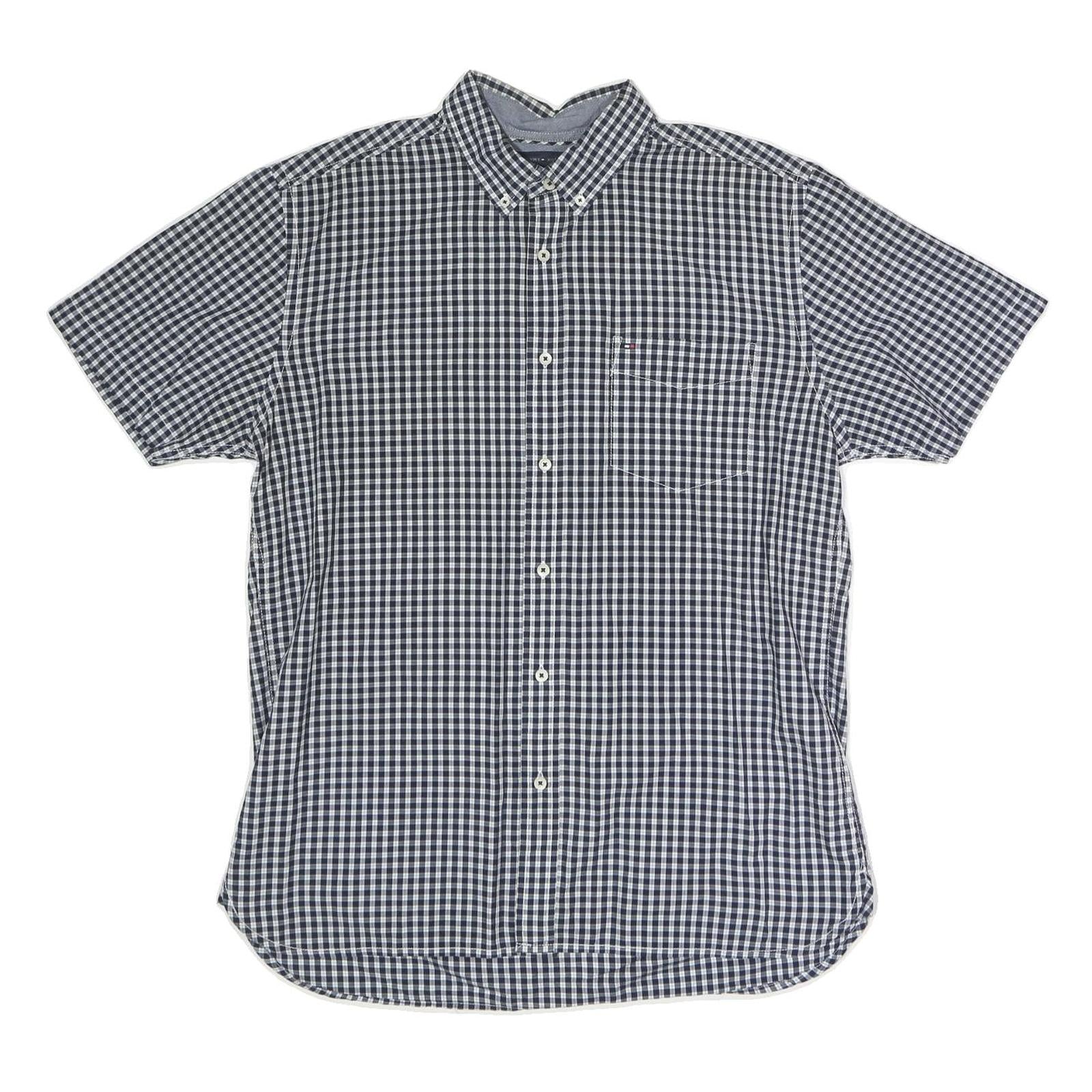TOMMY HILFIGER Mens Blue & White Check Shirt L Cotton Blend Button Down Casual