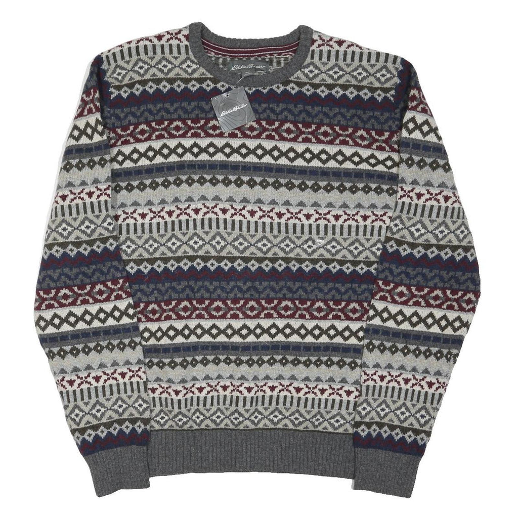 EDDIE BAUER Mens Grey Navy & Maroon Patterned Wool Blend Jumper Crew Neck Basic