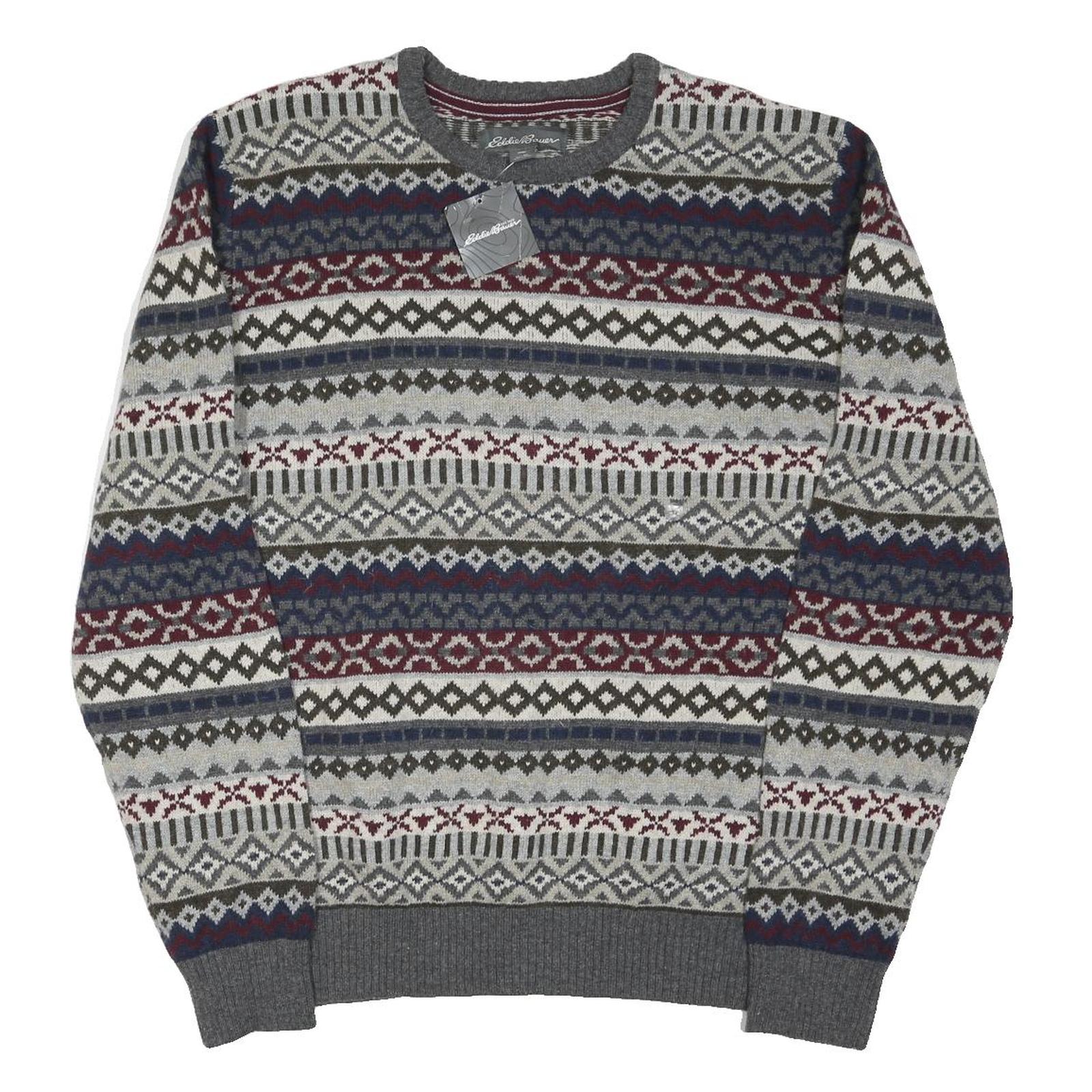 EDDIE BAUER Mens Grey Navy & Maroon Patterned Wool Blend Jumper Crew Neck Basic