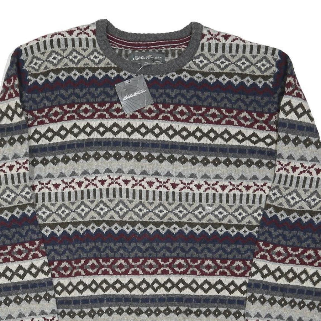 EDDIE BAUER Mens Grey Navy & Maroon Patterned Wool Blend Jumper Crew Neck Basic