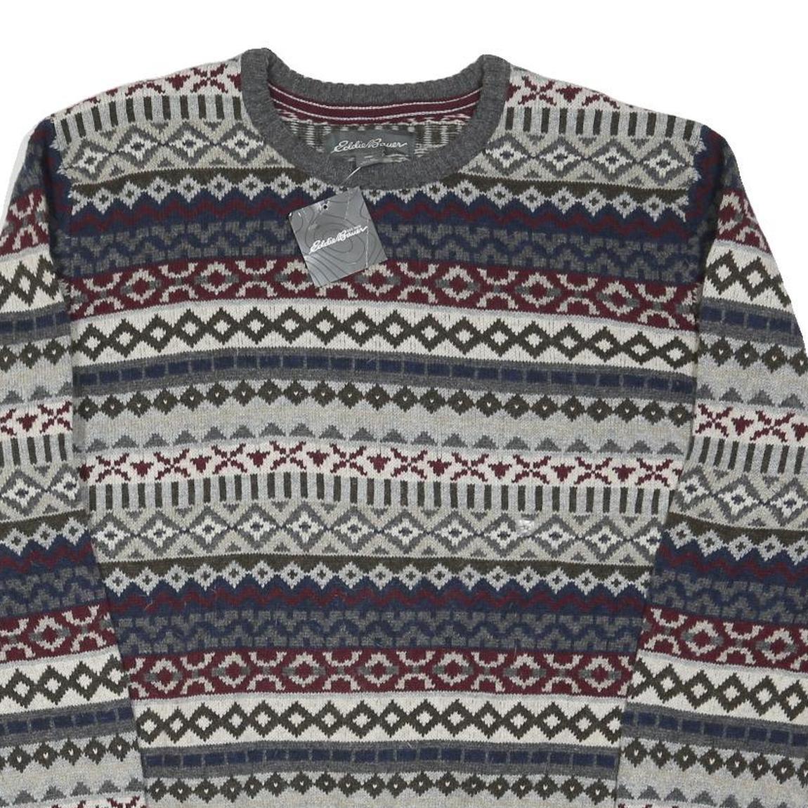 EDDIE BAUER Mens Grey Navy & Maroon Patterned Wool Blend Jumper Crew Neck Basic