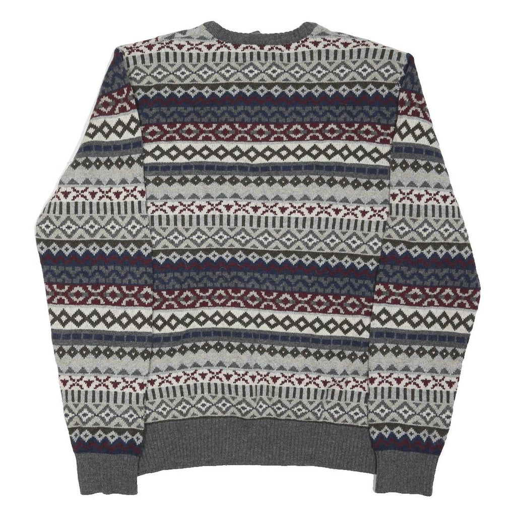 EDDIE BAUER Mens Grey Navy & Maroon Patterned Wool Blend Jumper Crew Neck Basic