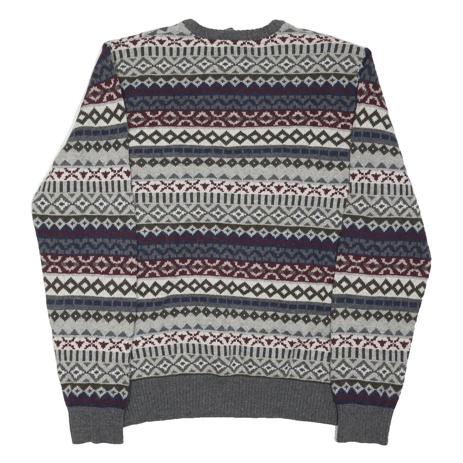 EDDIE BAUER Mens Grey Navy & Maroon Patterned Wool Blend Jumper Crew Neck Basic