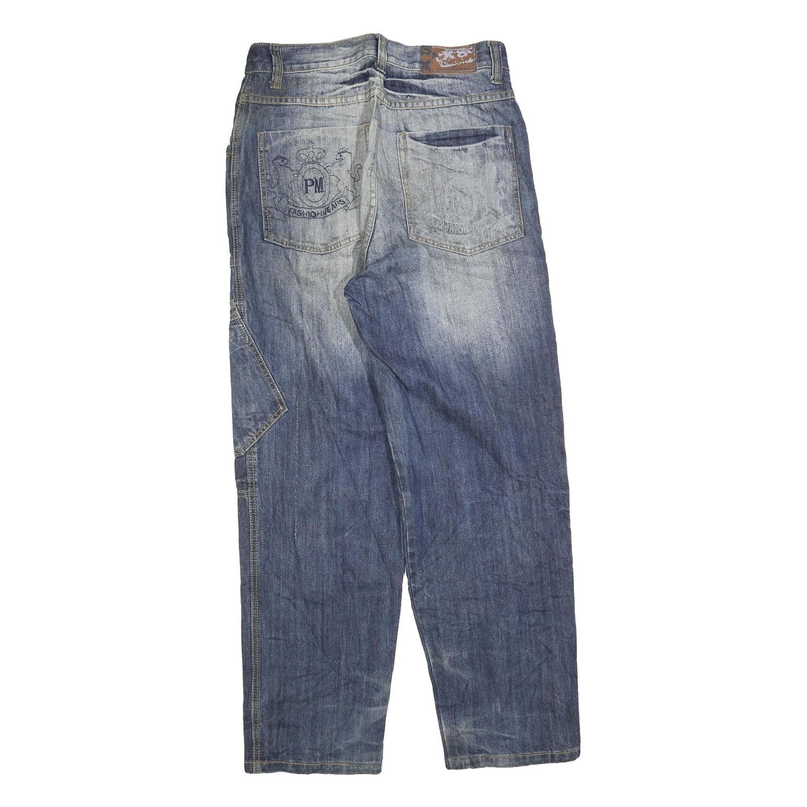 Mens Relaxed Blue Denim Plain Cotton Blend Zip W30 L30 Casual Streetwear Jeans