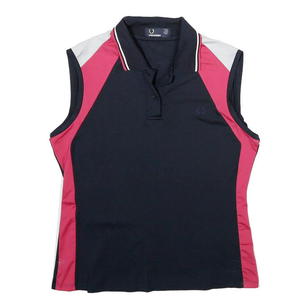 FRED PERRY Womens Navy Blue & Pink Sleeveless Polo Shirt UK 12 Polyamide Blend