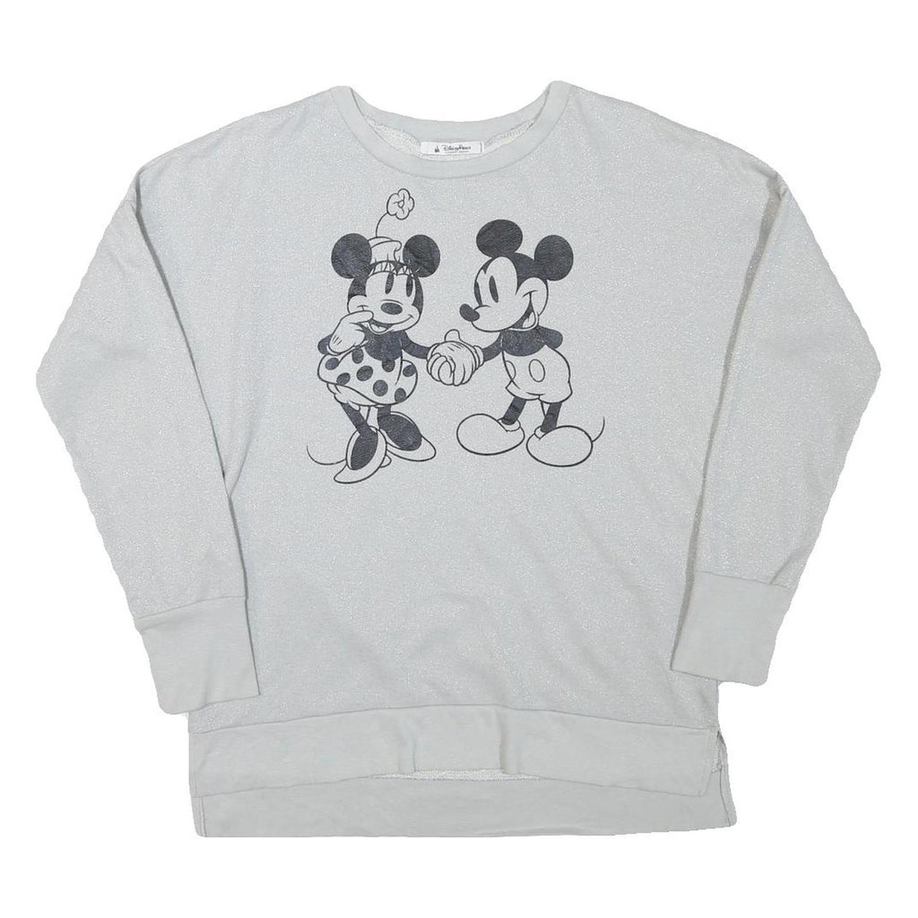 DISNEY Womens White Grey Mickey Minnie Mouse Crew Neck L Glitter Sweatshirt
