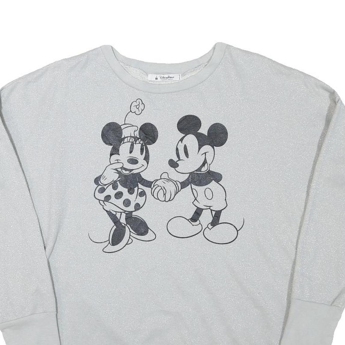 DISNEY Womens White Grey Mickey Minnie Mouse Crew Neck L Glitter Sweatshirt