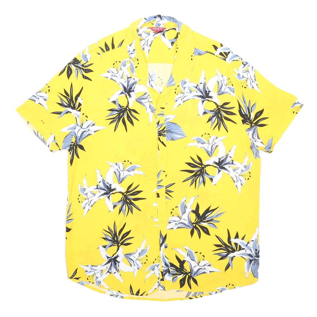 GUESS Mens Yellow Floral Pattern Shirt L Summer Vacation Casual Beachwear