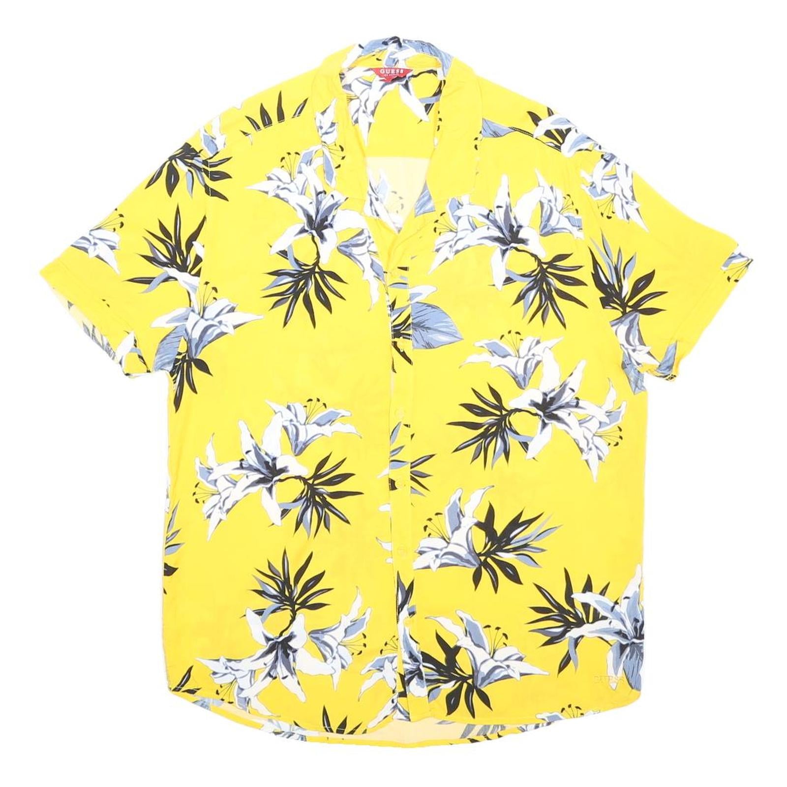 GUESS Mens Yellow Floral Pattern Shirt L Summer Vacation Casual Beachwear