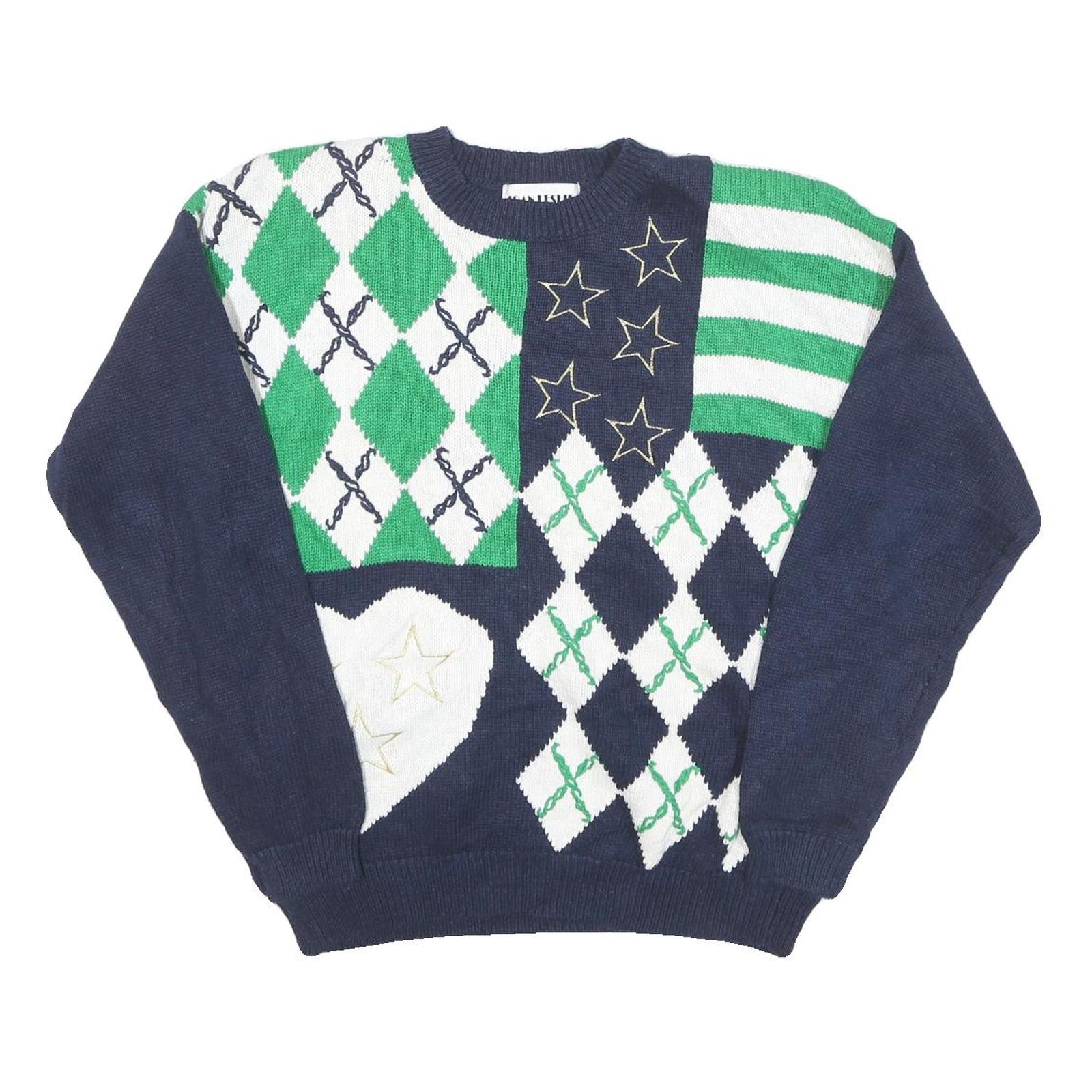 JOAN LESLIE Womens Navy Blue Green White Patterned Cotton Blend Jumper Crew Neck