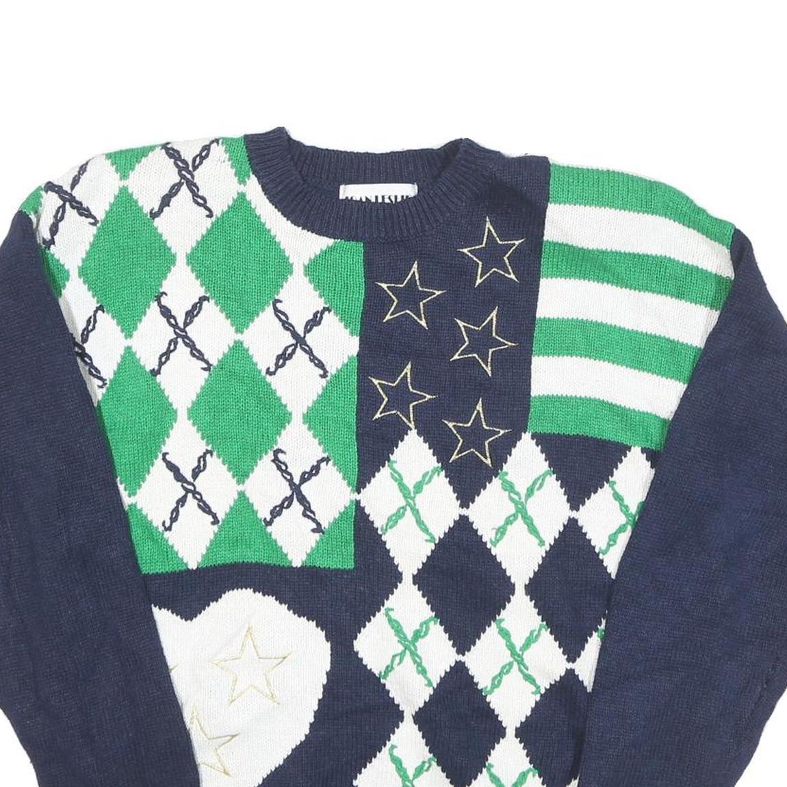 JOAN LESLIE Womens Navy Blue Green White Patterned Cotton Blend Jumper Crew Neck