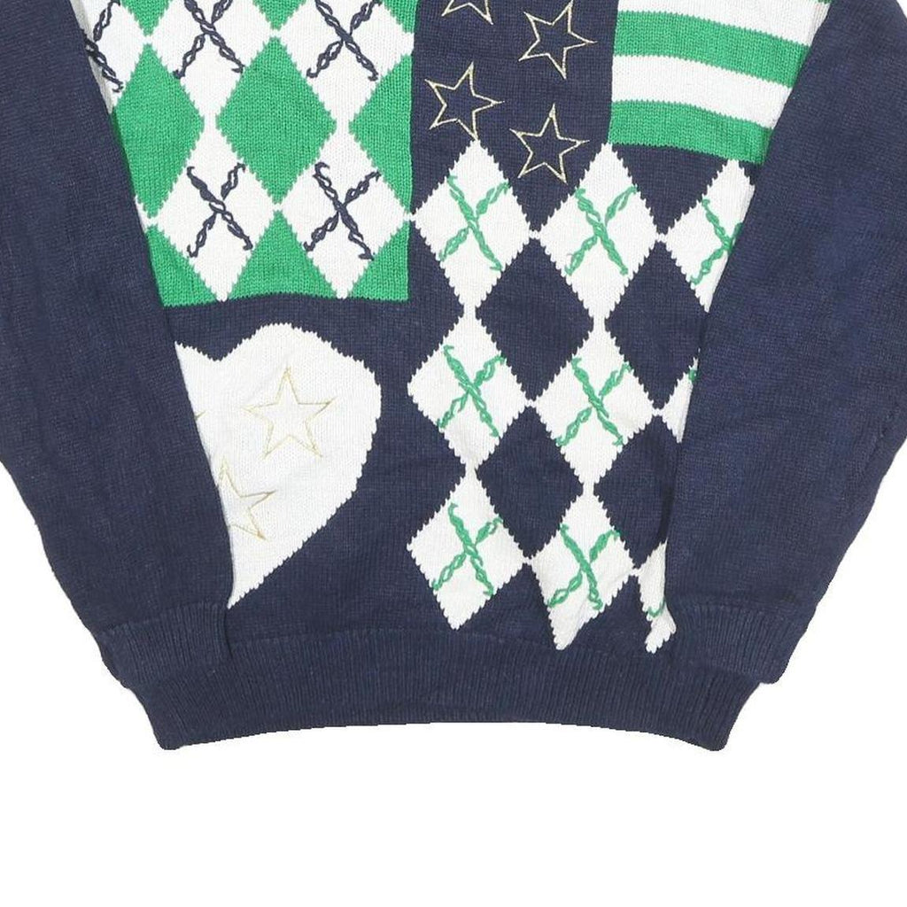 JOAN LESLIE Womens Navy Blue Green White Patterned Cotton Blend Jumper Crew Neck