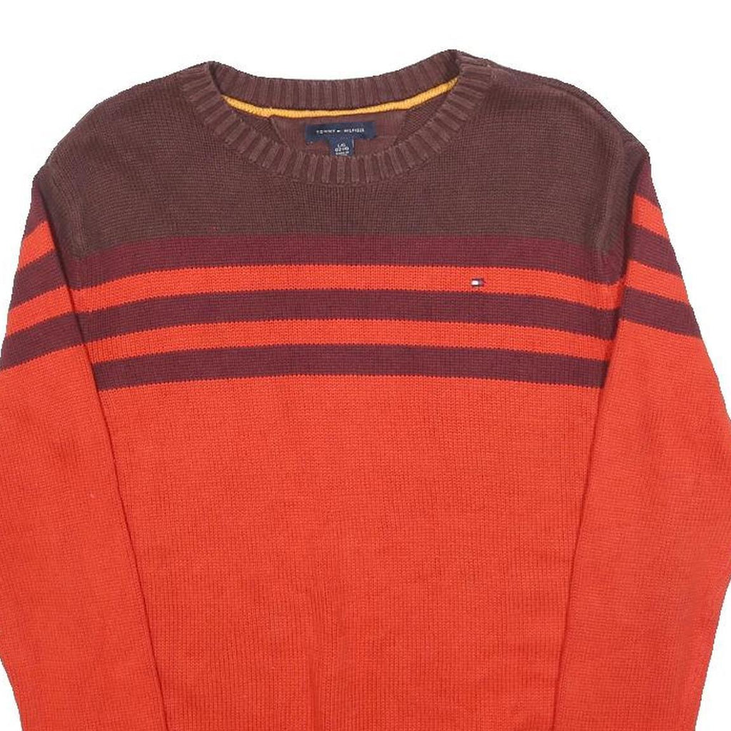TOMMY HILFIGER Boys Brown & Red Patterned Crew Neck Jumper L Cotton Blend Knit