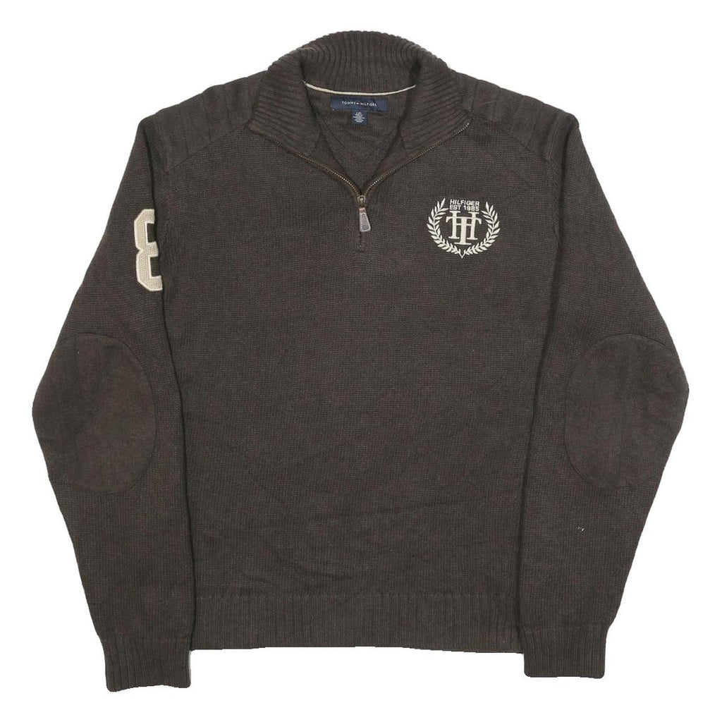 TOMMY HILFIGER Mens Brown Pullover Jumper Patterned Half Zip Rib Knit L Zip Neck
