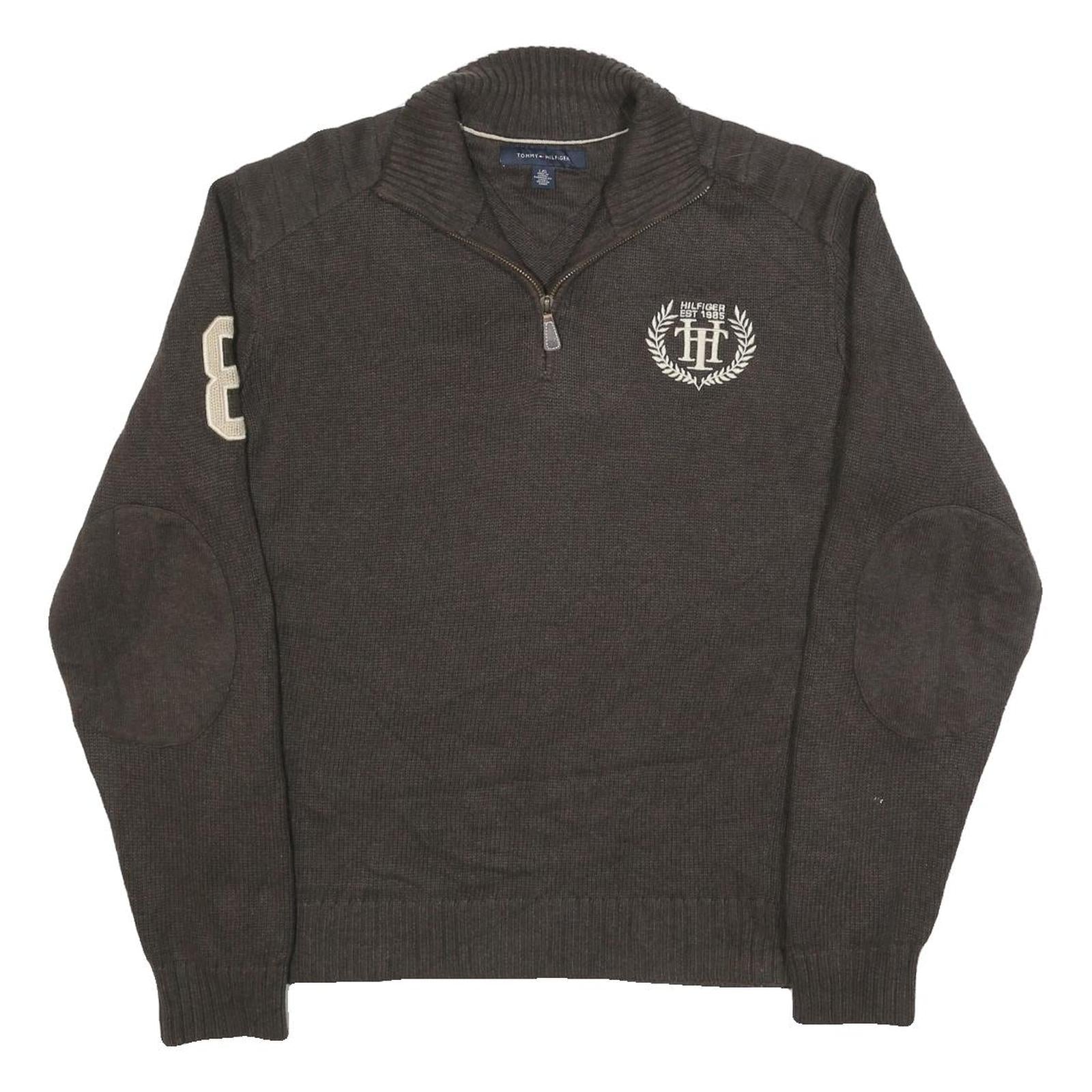 TOMMY HILFIGER Mens Brown Pullover Jumper Patterned Half Zip Rib Knit L Zip Neck