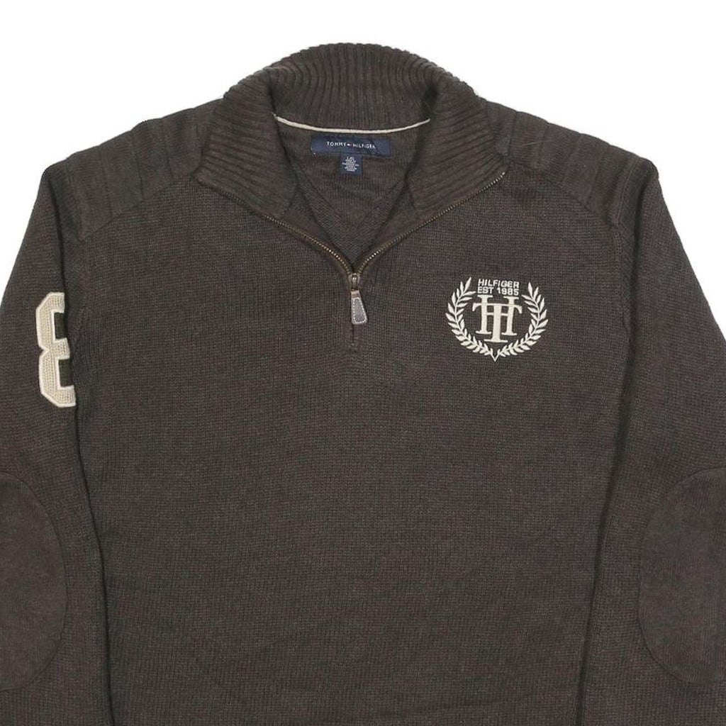 TOMMY HILFIGER Mens Brown Pullover Jumper Patterned Half Zip Rib Knit L Zip Neck