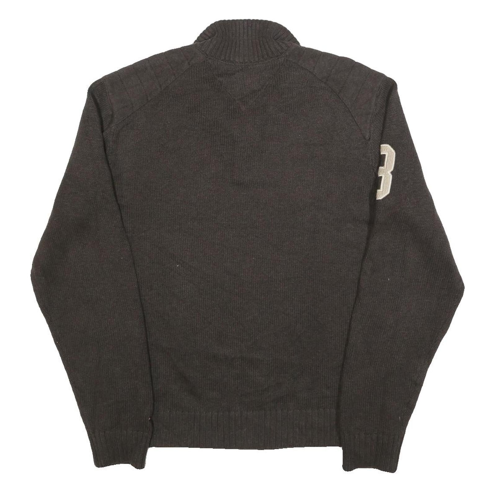 TOMMY HILFIGER Mens Brown Pullover Jumper Patterned Half Zip Rib Knit L Zip Neck