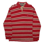TOMMY HILFIGER Mens Red Striped Long Sleeve Polo Shirt L Cotton Casual