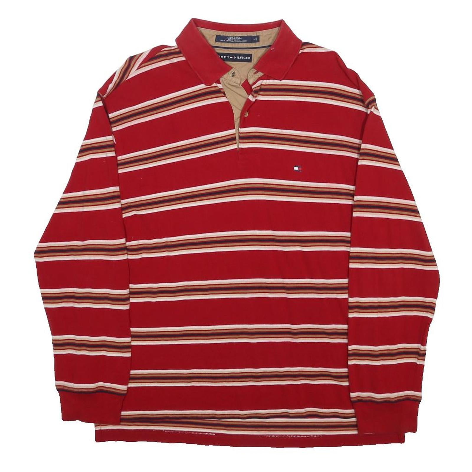 TOMMY HILFIGER Mens Red Striped Long Sleeve Polo Shirt L Cotton Casual