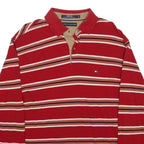 TOMMY HILFIGER Mens Red Striped Long Sleeve Polo Shirt L Cotton Casual
