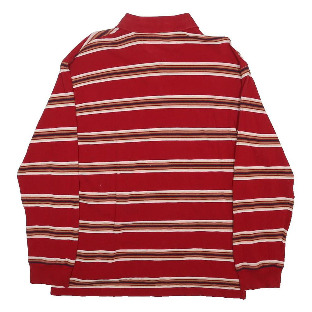 TOMMY HILFIGER Mens Red Striped Long Sleeve Polo Shirt L Cotton Casual