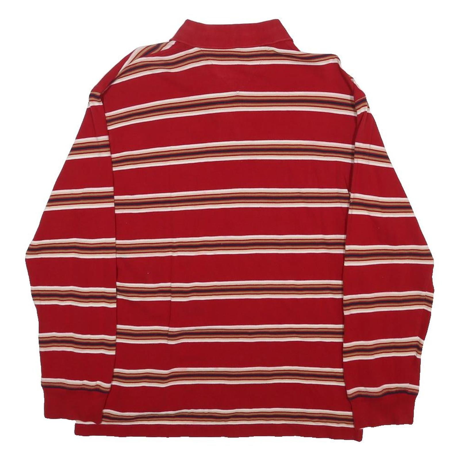 TOMMY HILFIGER Mens Red Striped Long Sleeve Polo Shirt L Cotton Casual