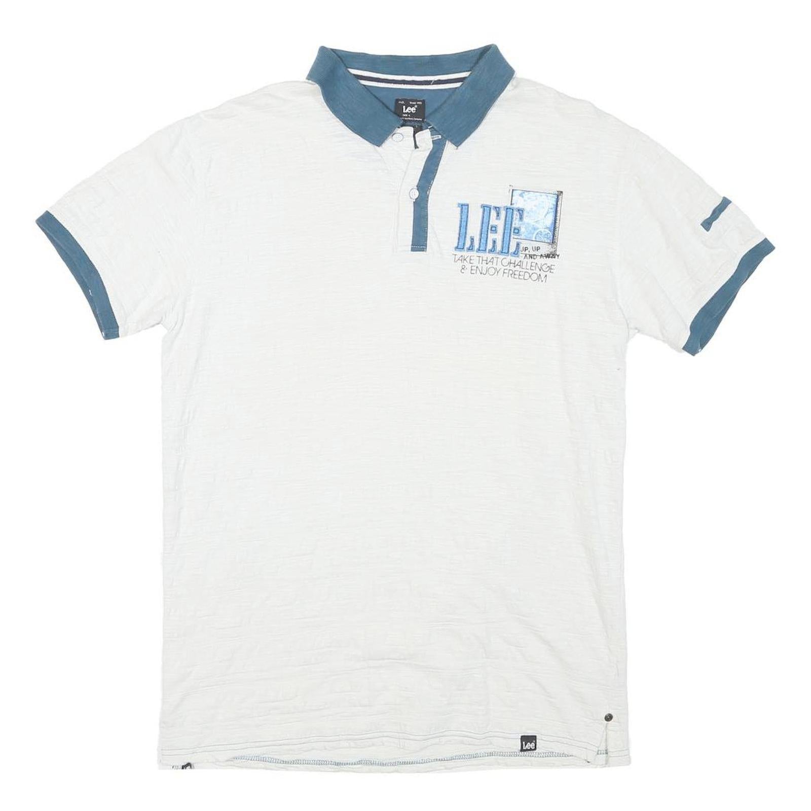 LEE Mens White & Blue Short Sleeve Logo Embroidered Polo Shirt L Cotton Blend