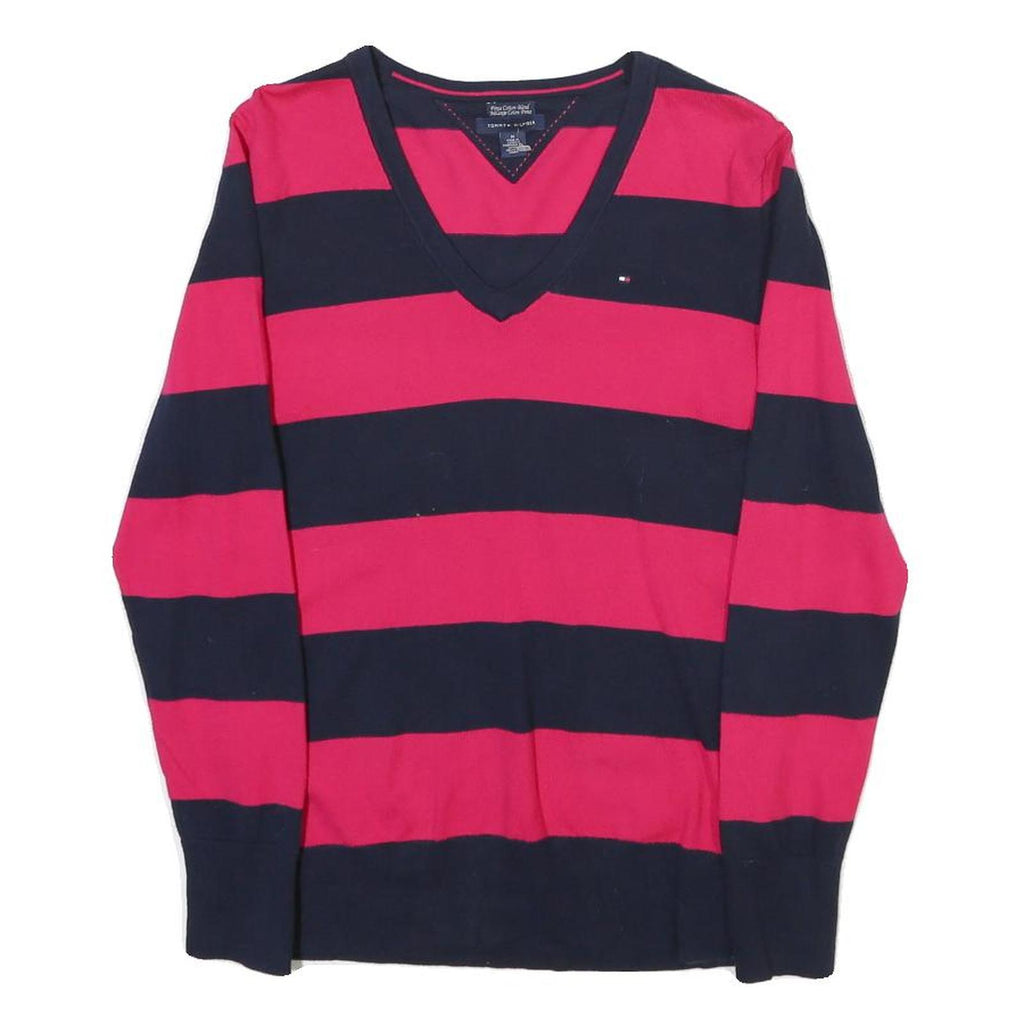 TOMMY HILFIGER Womens Red & Navy Patterned V-Neck Regular Fit Jumper M Cotton