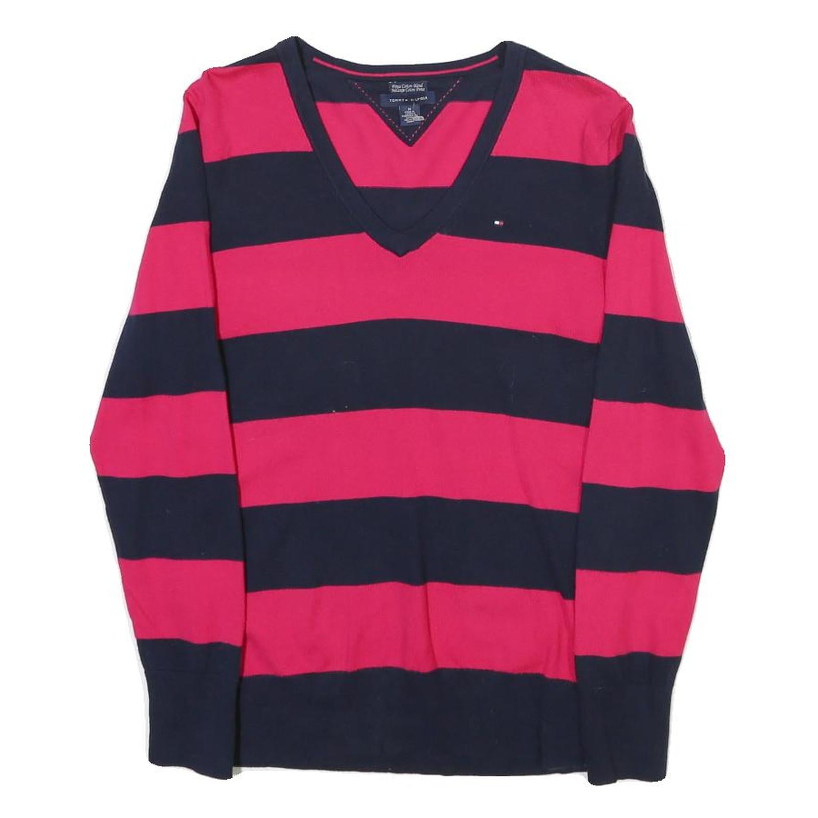 TOMMY HILFIGER Womens Red & Navy Patterned V-Neck Regular Fit Jumper M Cotton