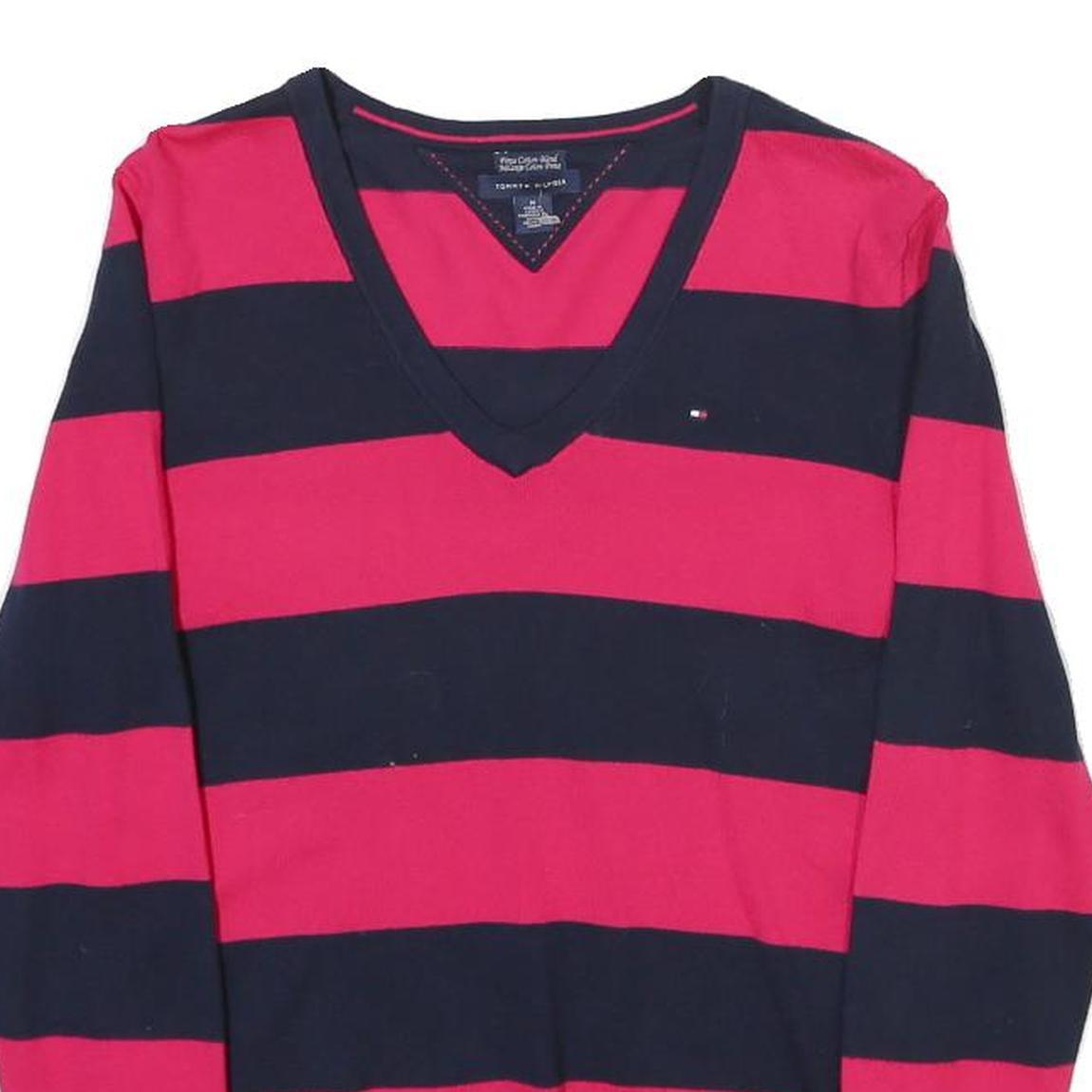 TOMMY HILFIGER Womens Red & Navy Patterned V-Neck Regular Fit Jumper M Cotton