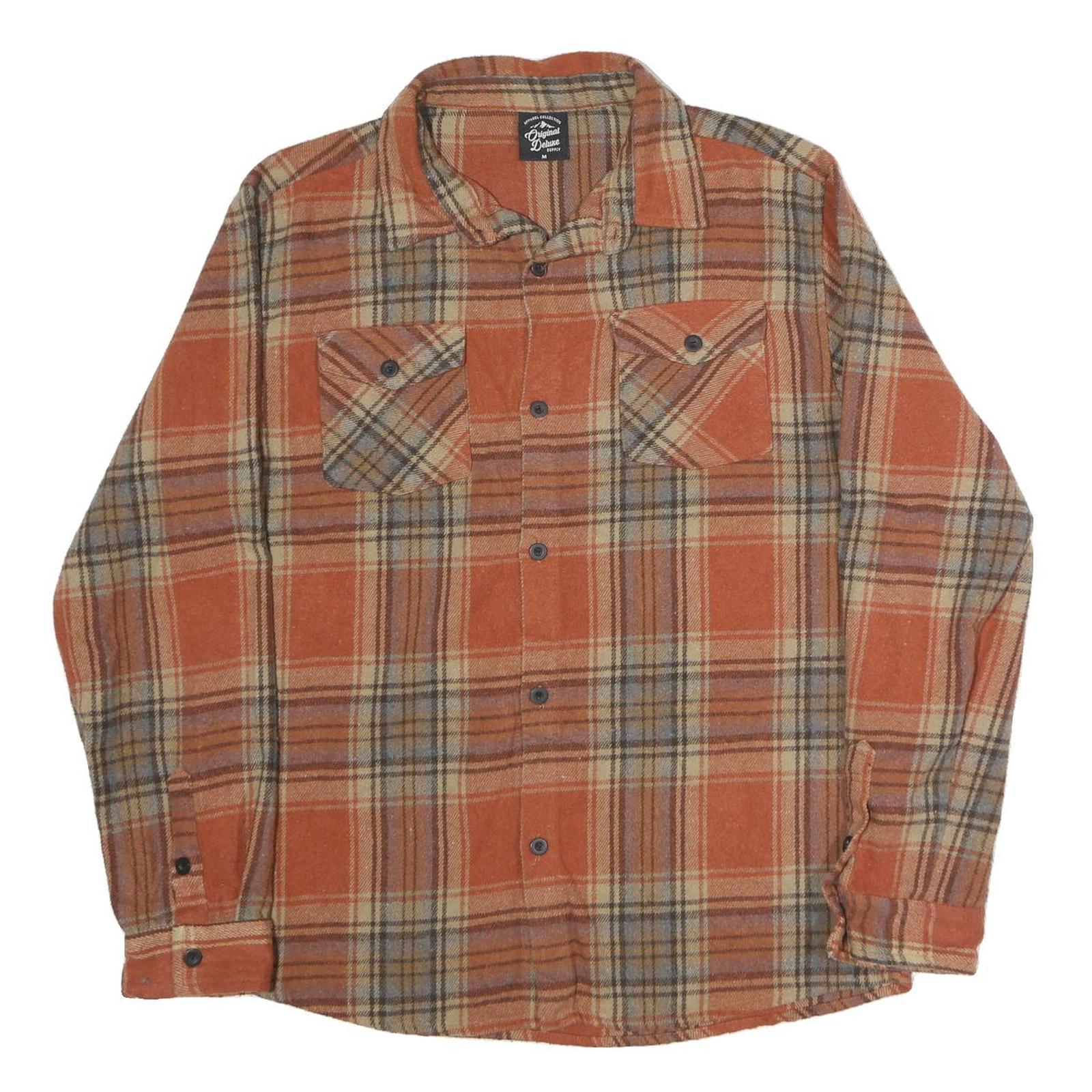 ORIGINAL DELUXE Mens Orange Beige Checked Shirt M Cotton Long Sleeve Button Up