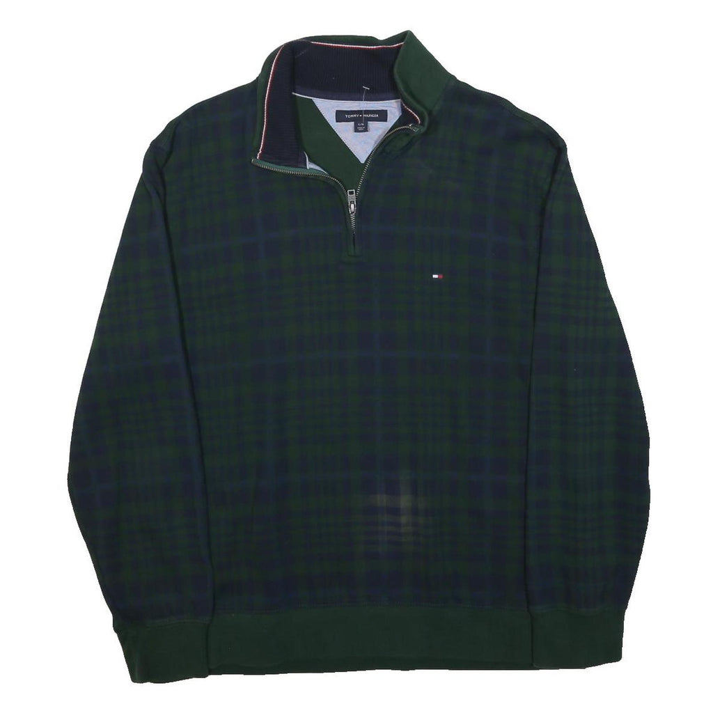 TOMMY HILFIGER Mens Green & Navy Check Patterned Jumper Half Zip Crew Neck