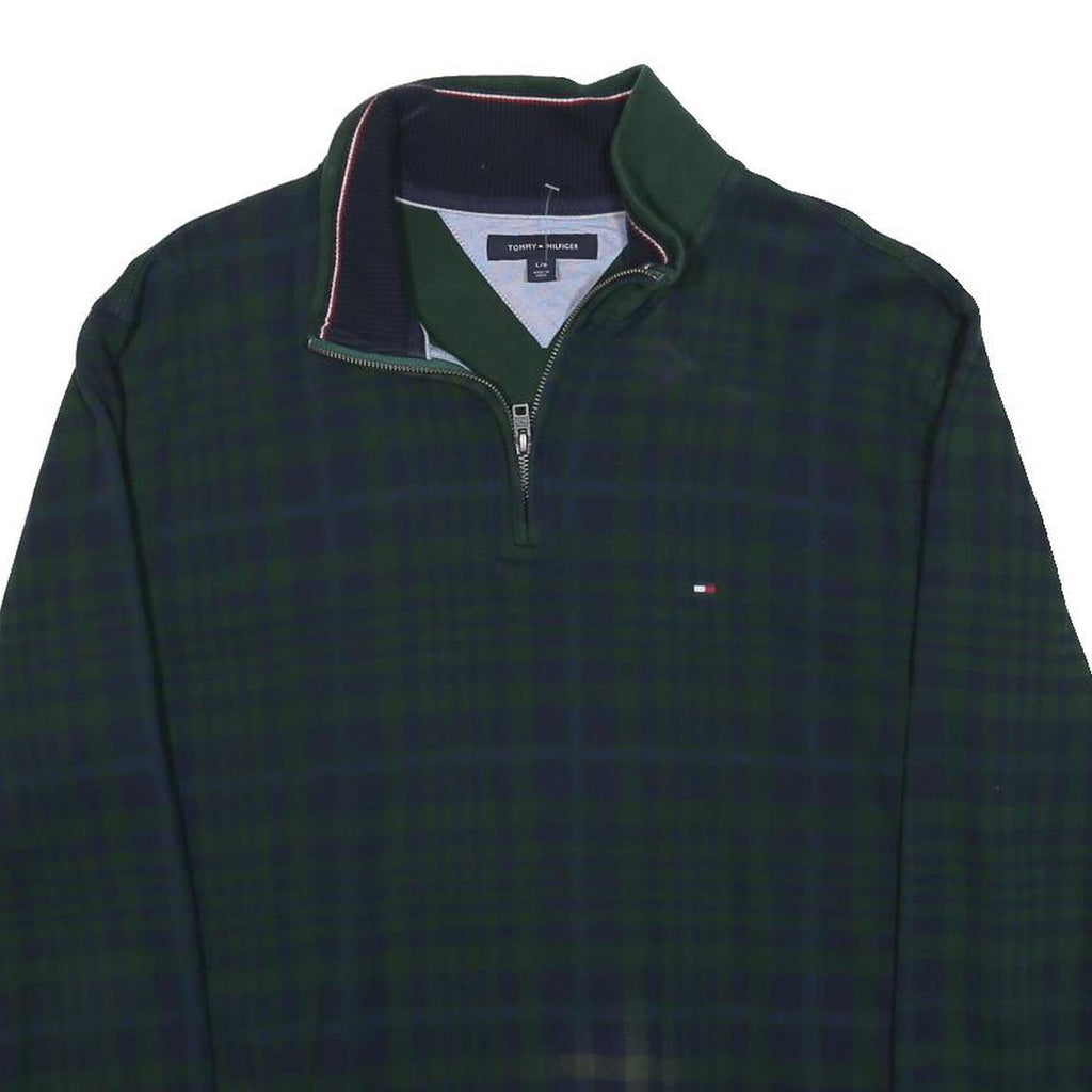 TOMMY HILFIGER Mens Green & Navy Check Patterned Jumper Half Zip Crew Neck