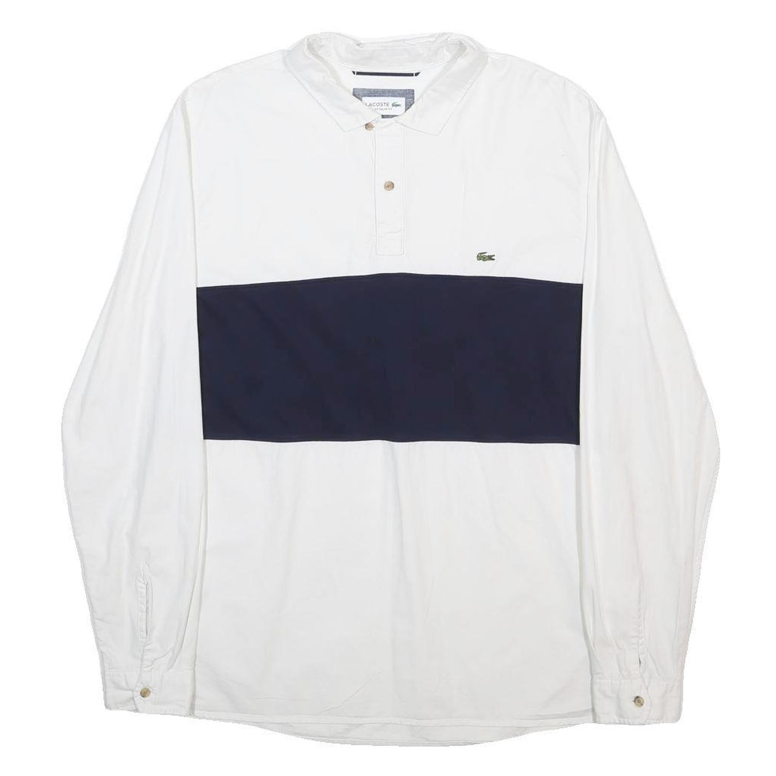 LACOSTE Mens White & Navy Long Sleeve Colourblock Polo Shirt L Cotton Classic