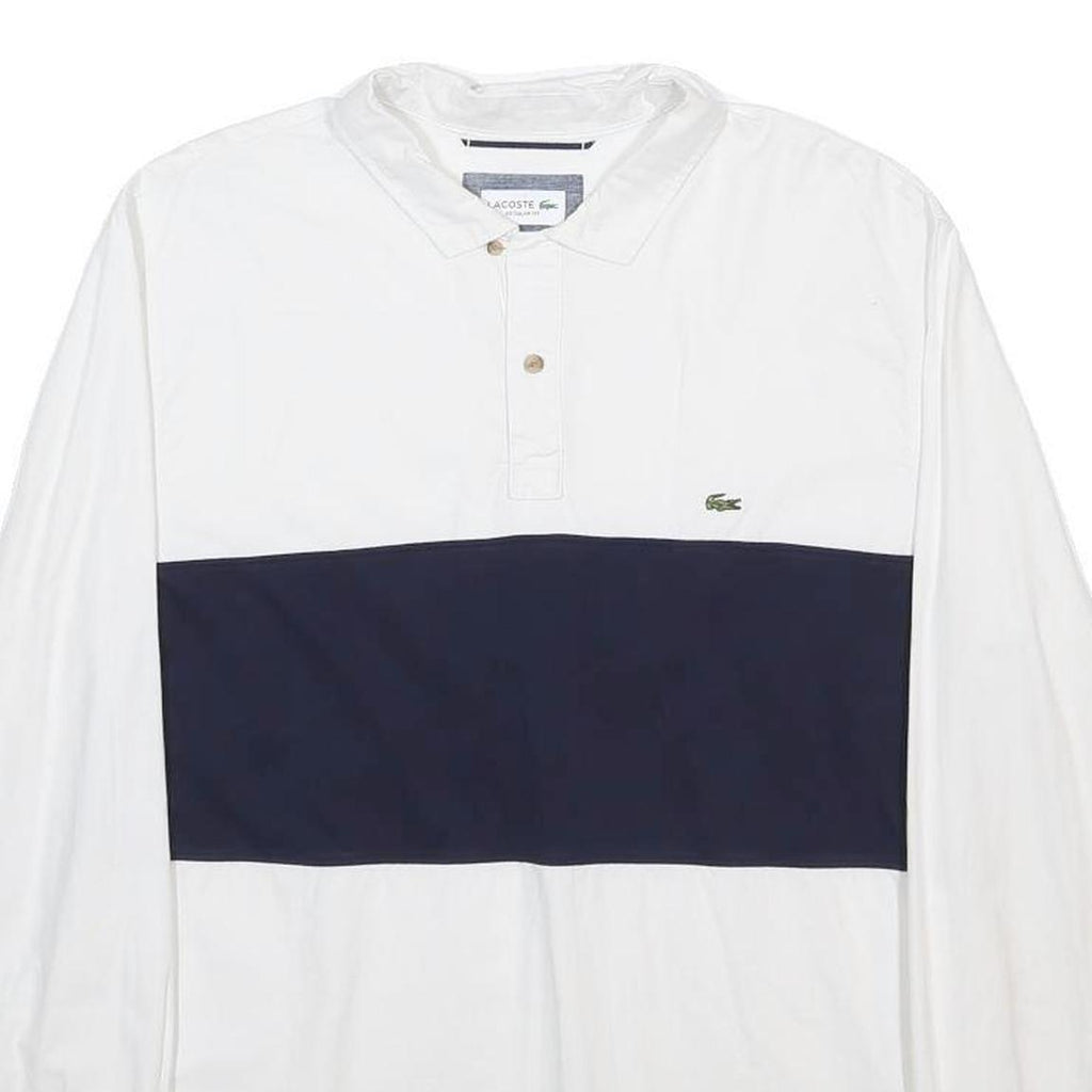 LACOSTE Mens White & Navy Long Sleeve Colourblock Polo Shirt L Cotton Classic