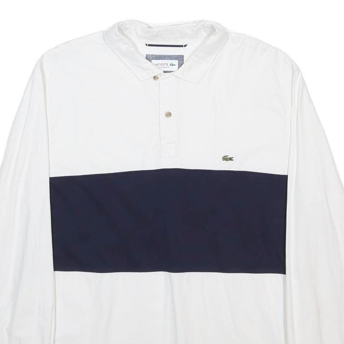 LACOSTE Mens White & Navy Long Sleeve Colourblock Polo Shirt L Cotton Classic