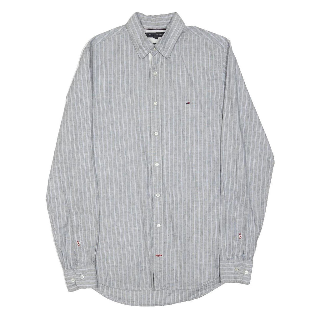 TOMMY HILFIGER Mens Grey & White Striped Shirt S Classic Cotton Blend