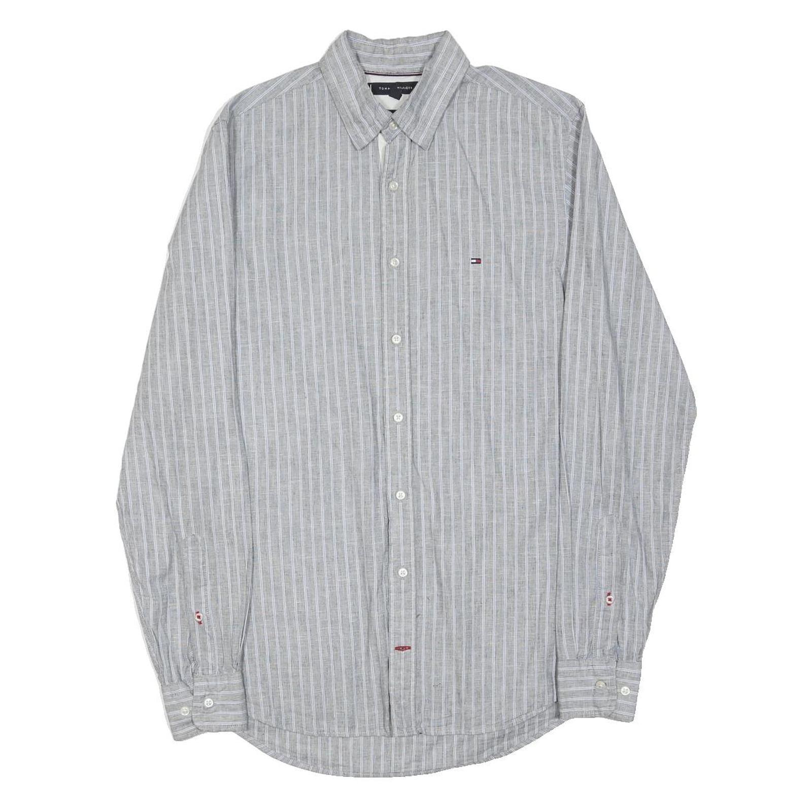 TOMMY HILFIGER Mens Grey & White Striped Shirt S Classic Cotton Blend
