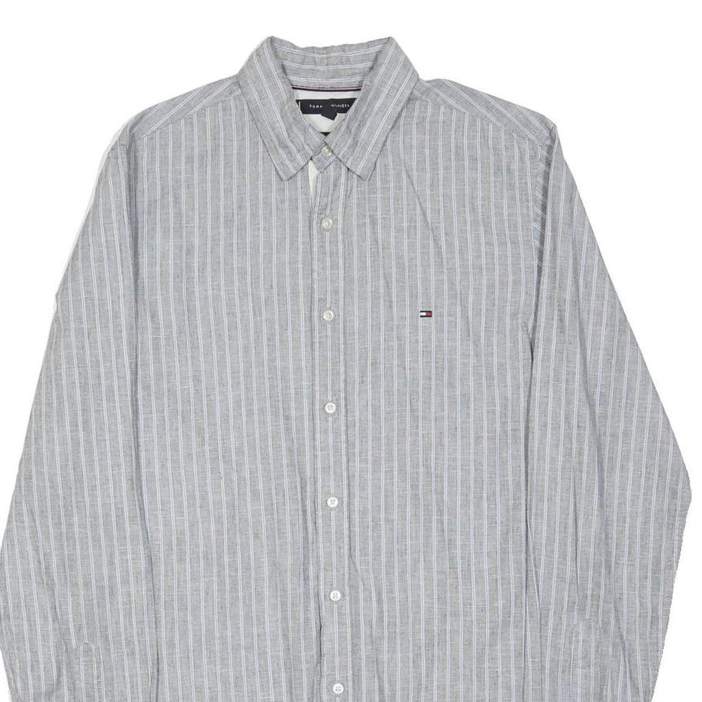 TOMMY HILFIGER Mens Grey & White Striped Shirt S Classic Cotton Blend