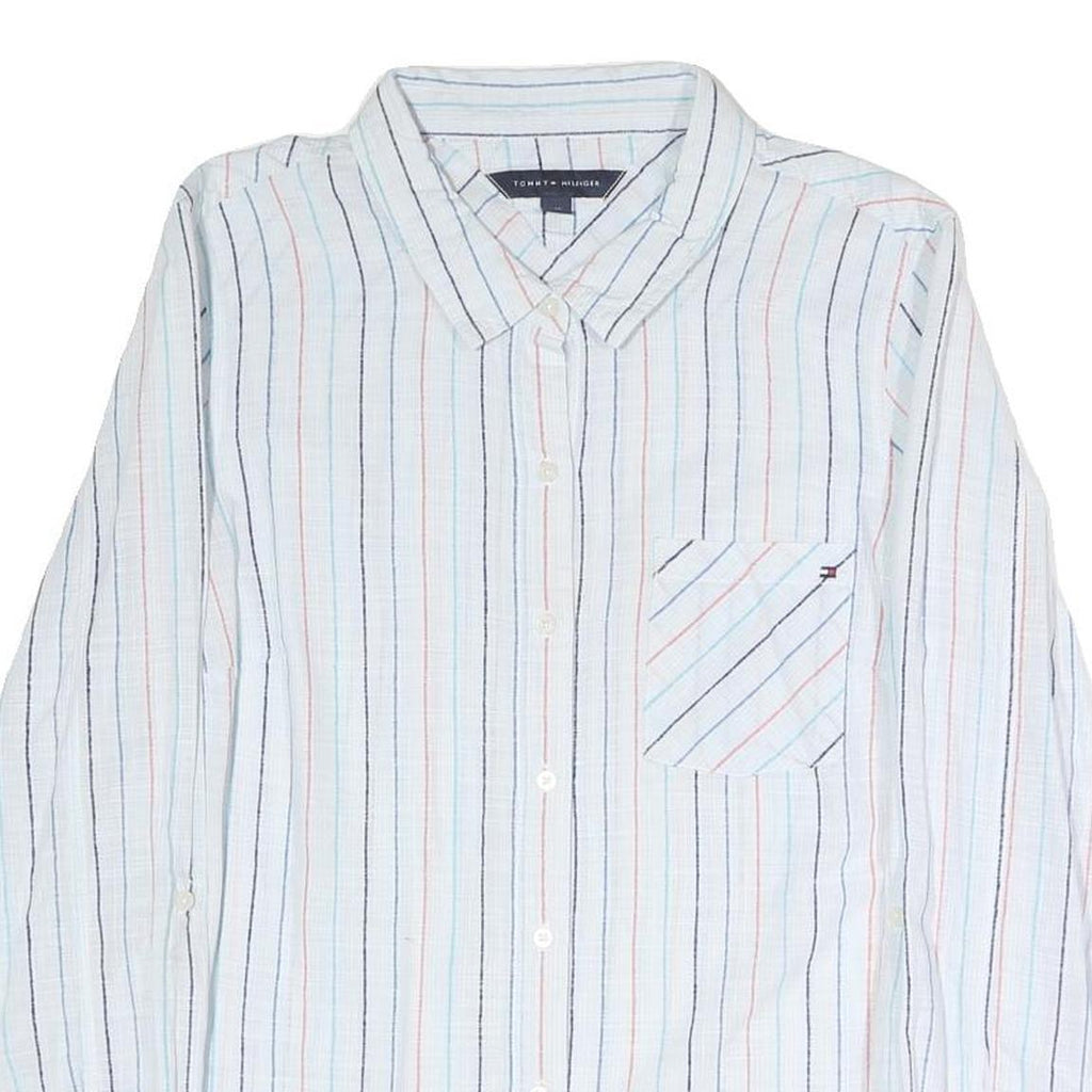 TOMMY HILFIGER Womens White & Multi Stripe Shirt L Cotton Blend Button Up Casual