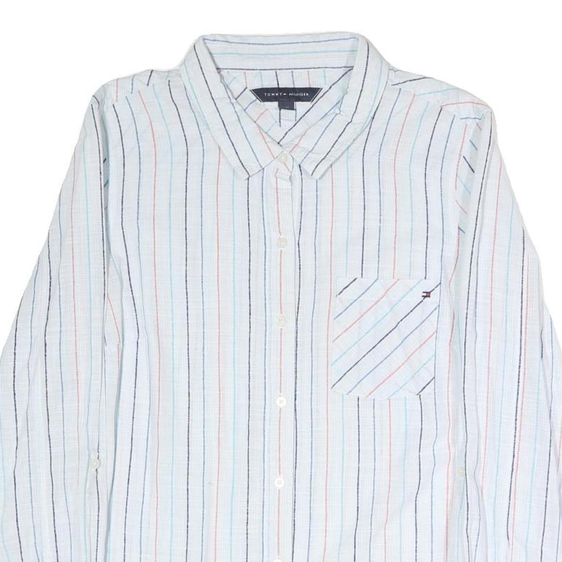 TOMMY HILFIGER Womens White & Multi Stripe Shirt L Cotton Blend Button Up Casual